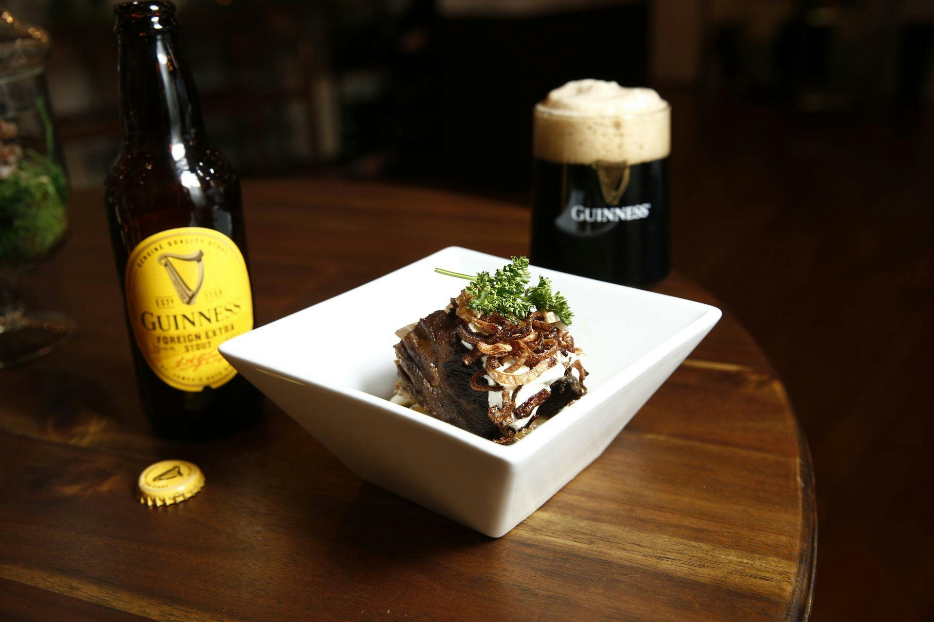 braised beef with a pint of Guinness