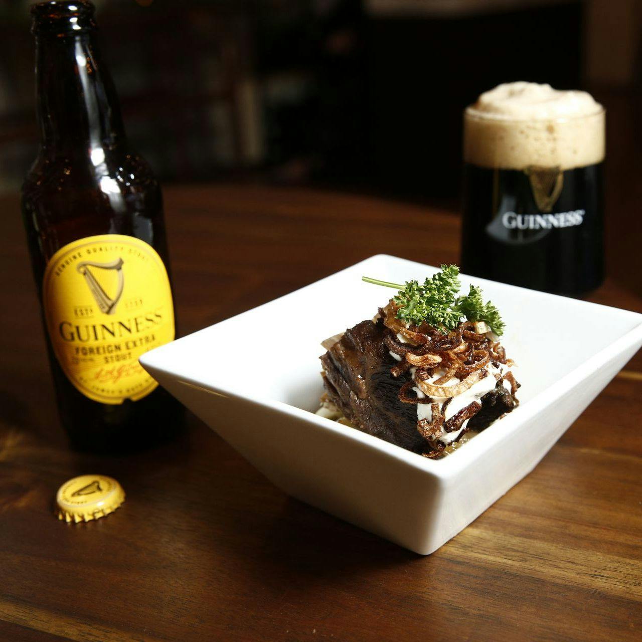 braised beef with a pint of Guinness