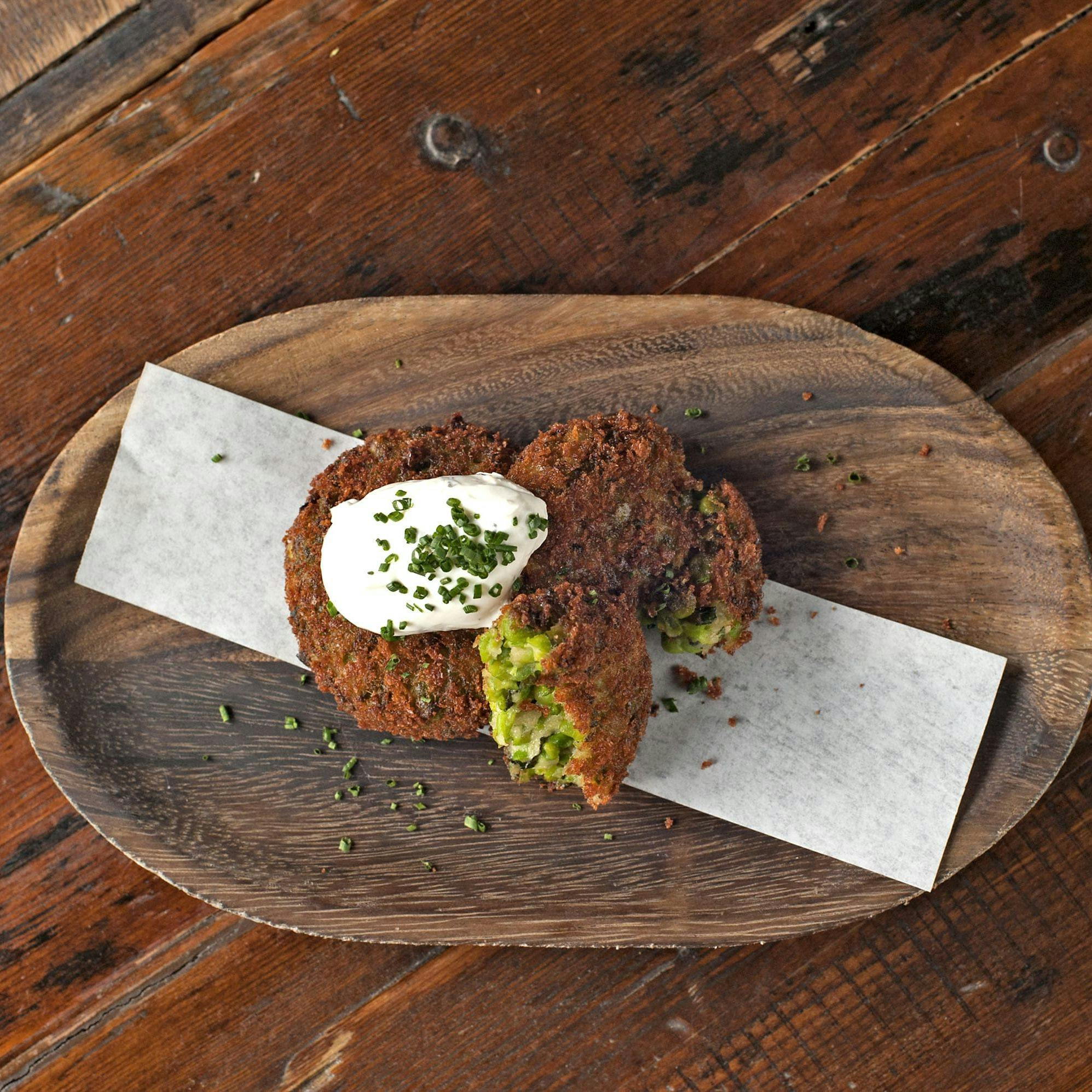 pea fritters with sour cream