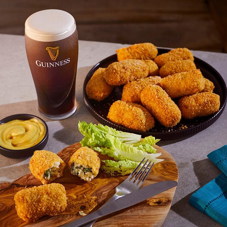 potato croquettes with a pint of Guinness